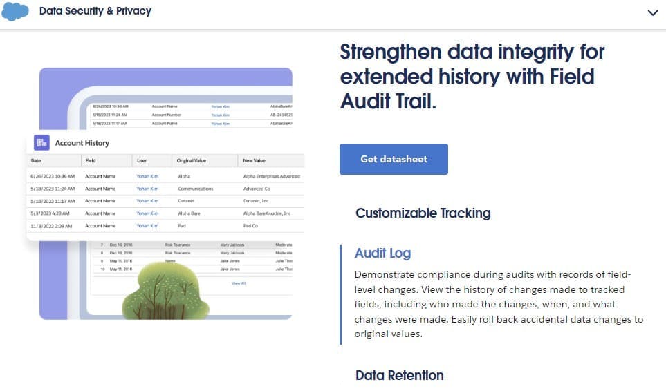 Salesforce Shield Webpage. Field Audit Trail Details