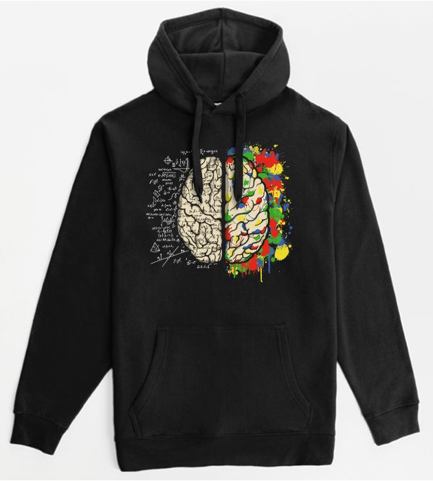 A black hoodie featuring a brain design on the front. One half of the brain has scientific formulas and sketches, while the other half has colorful paint splatters.