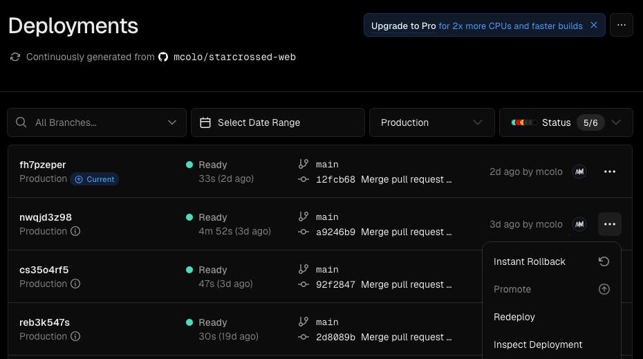 A screenshot of the Vercel deployments page, showing a list of recent Production deployments. There is a pop-out menu opened for one of the deployments showing the Instant Rollback option.