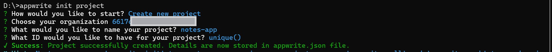 Screenshot of a command line interface showing the initialization of an Appwrite project. It includes prompts for creating a new project, choosing an organization, naming the project as "notes-app," and setting a unique project ID. Success message indicates the project is successfully created and details are stored in an appwrite.json file.