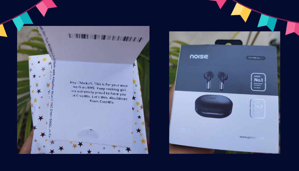 A greeting card with a motivational message from CreoWis on the left and a box of Noise wireless earbuds on the right. The card has a star pattern, and the earbuds packaging shows the product and brand name.