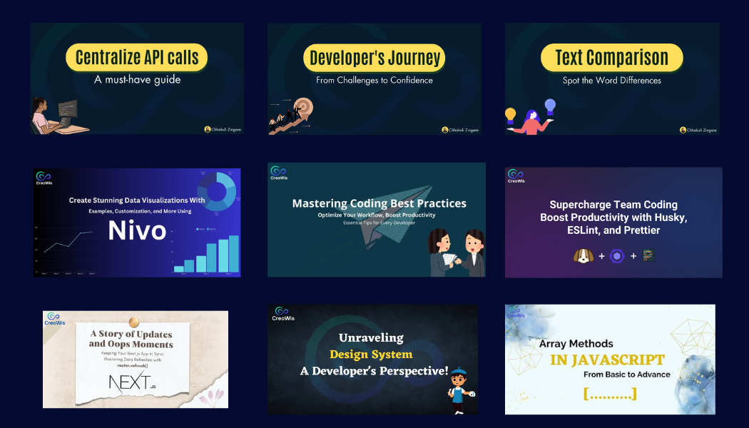 A grid of nine educational slides with various topics including API calls, developer's journey, text comparison, data visualizations with Nivo, coding best practices, team coding productivity, updates in Next.js, design systems, and JavaScript array methods. Each slide features unique graphics and titles.