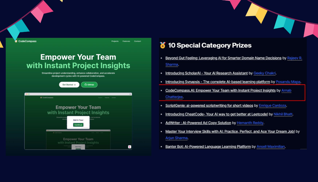 A promotional image for CodeCompass, highlighting "Empower Your Team with Instant Project Insights" on a green background. On the right, a list titles "10 Special Category Prizes," featuring "CodeCompass AI" among other AI-powered projects, marked in a red box. Colorful flags decorate the top corners.
