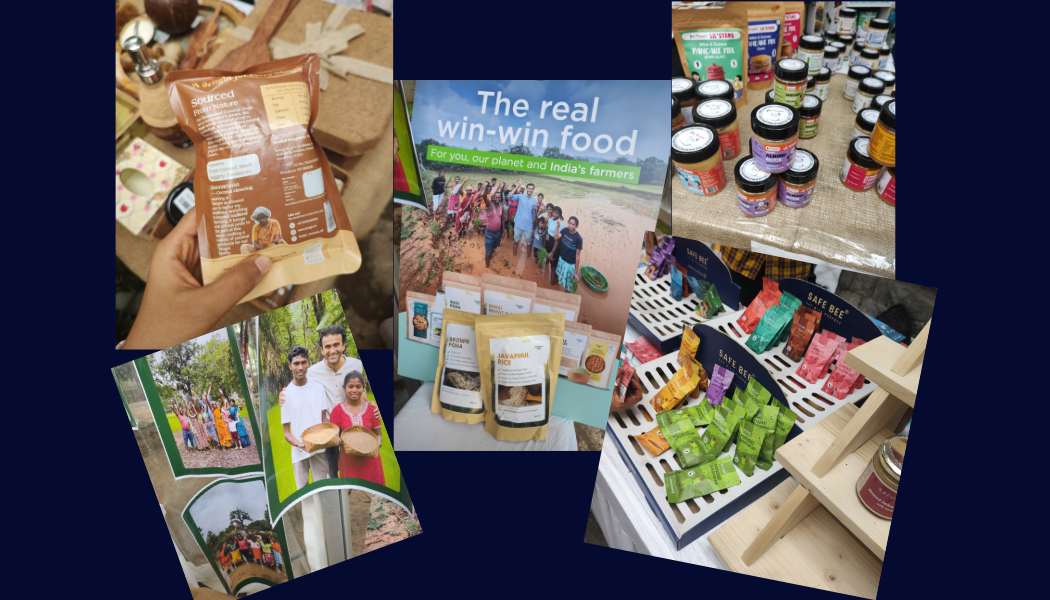 A collage of organic food products and promotional materials showcasing various packaged goods and pamphlets. The main poster highlights the benefits of supporting local farmers in India, with images of farmers and text reading "The real win-win food." The displayed products include rice, snacks, and spices, emphasizing natural sourcing and sustainability.