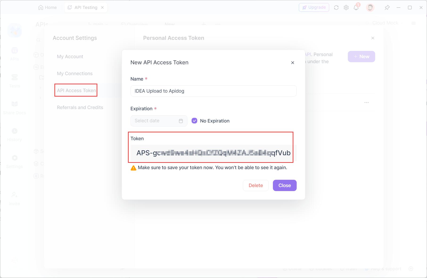 Generate API access token using Apidog