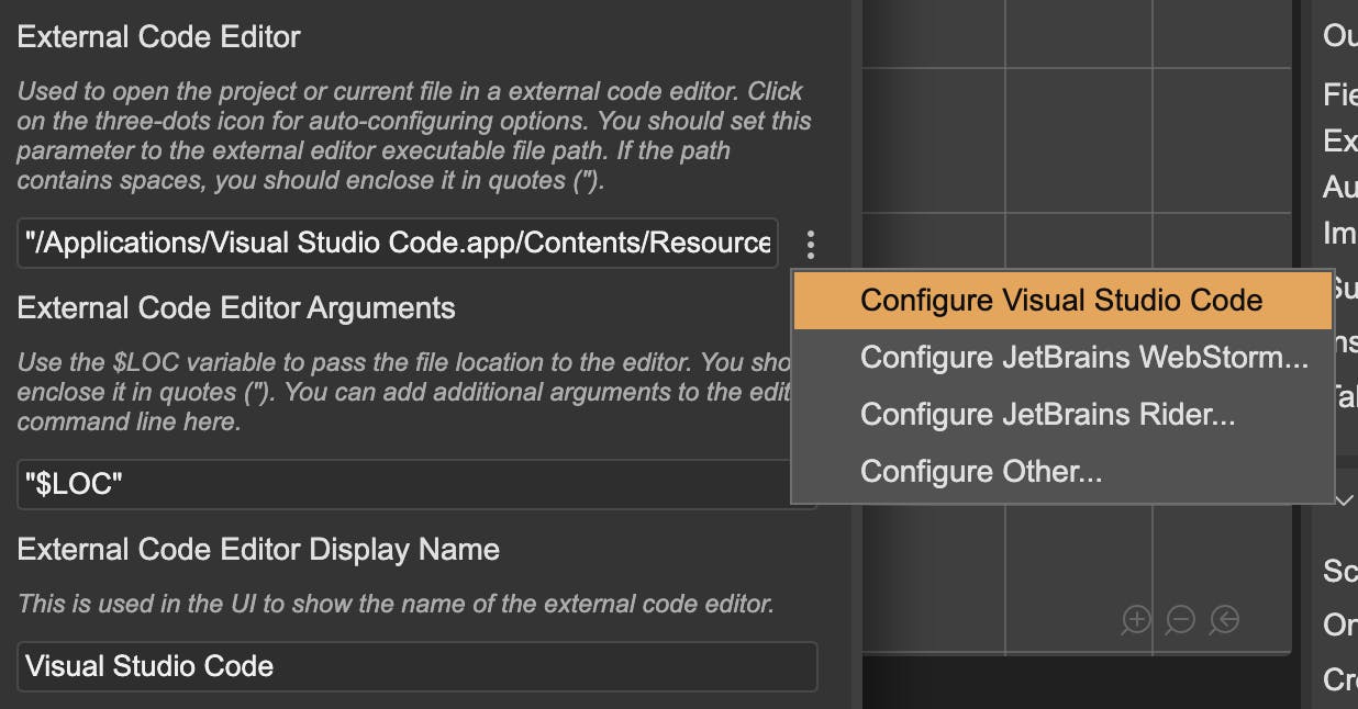 External code editor parameters