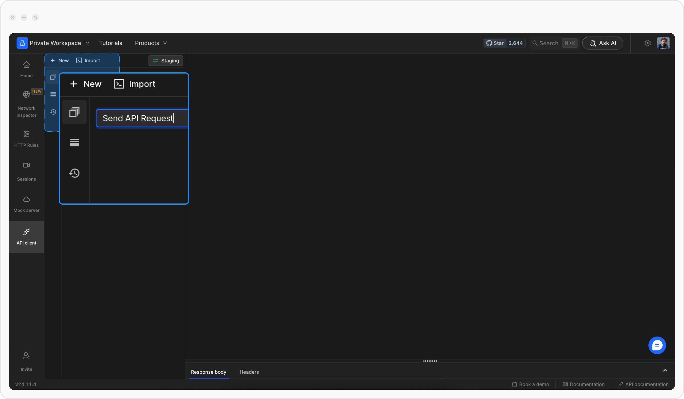 The image shows the Requestly interface's new request creation flow, with an input field for entering the request name, labeled "Send API Request".