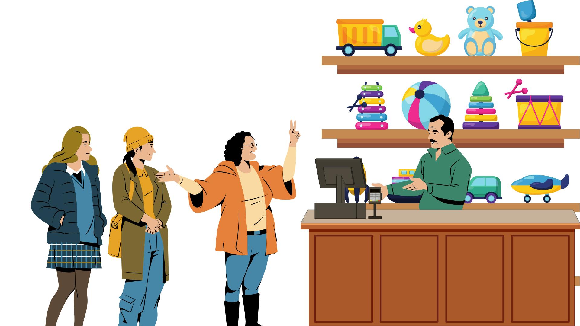 An illustration showing customers at a toy shop