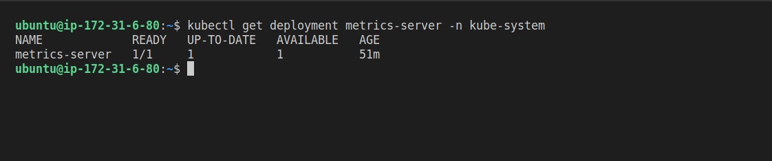 A terminal screenshot displaying the command output for `kubectl get deployment metrics-server -n kube-system`. It shows the deployment details of "metrics-server" with readiness, up-to-date and available statuses as 1, and an age of 51 minutes.