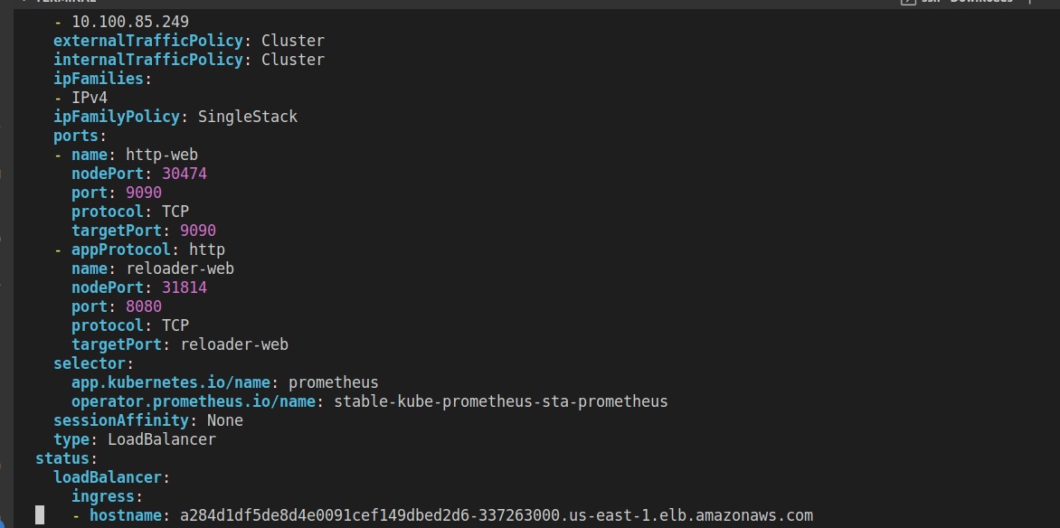  Screenshot of a Kubernetes service YAML file edited with kubectl for Prometheus in the prometheus namespace.