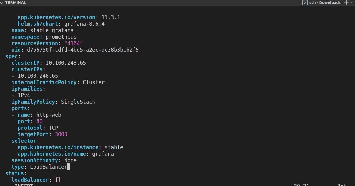  Screenshot of a Kubernetes service YAML configuration file edited using kubectl edit svc stable-grafana -n prometheus, displaying the details for the Grafana service in the prometheus namespace