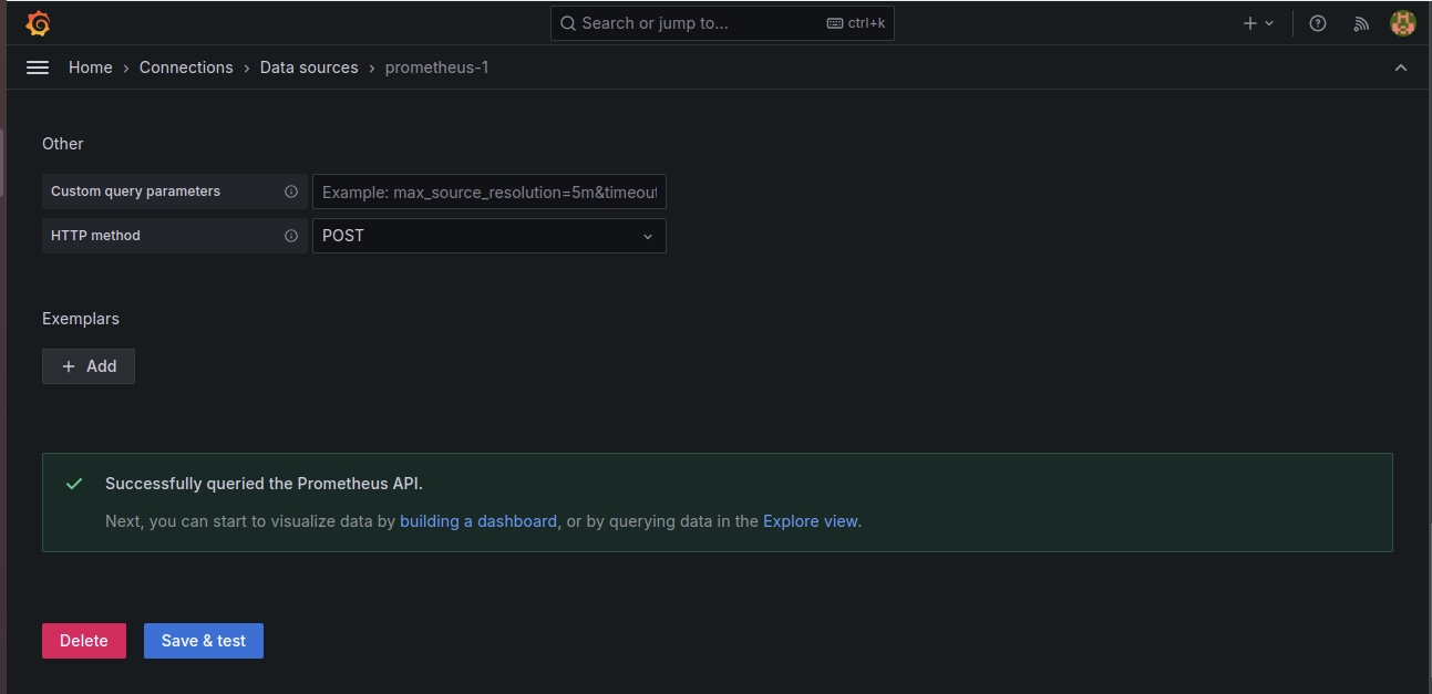 Screenshot of a configuration interface showing options for custom query parameters and HTTP method (set to POST) for Prometheus data source. Confirmation message states, "Successfully queried the Prometheus API," with options to delete or save & test.