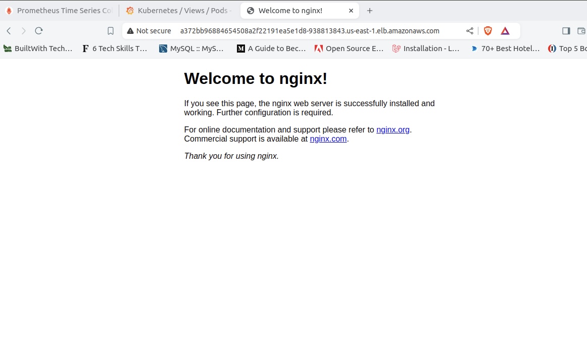 Browser window displaying the default welcome page for Nginx, indicating successful installation and suggesting further configuration.