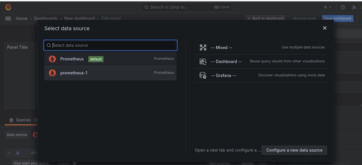 Screenshot of a Grafana interface showing a "Select data source" window. Two data sources named "Prometheus" and "prometheus-1" are listed. Options for using mixed data sources, dashboards, and Grafana mock data are on the right.