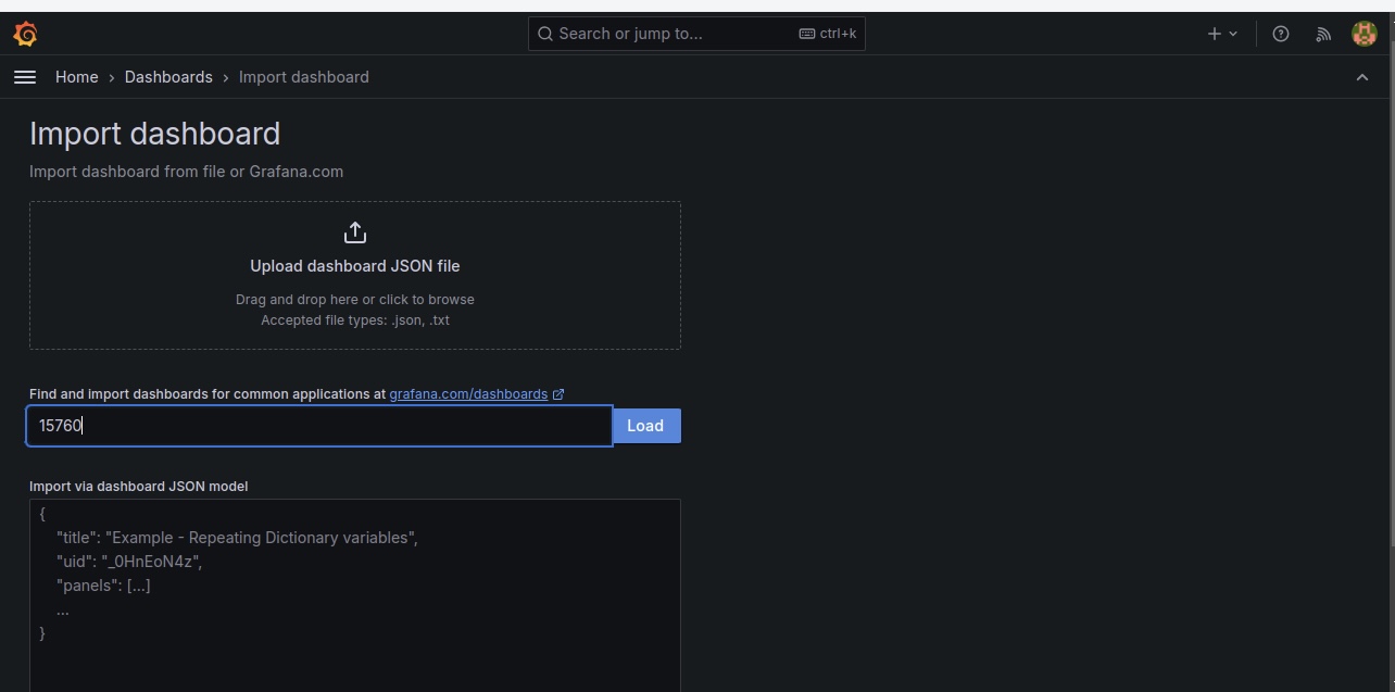 Screenshot of Grafana's "Import dashboard" page, showing options to upload a JSON file or enter a dashboard ID. The ID "15760" is entered in the input box, and there is a JSON model example displayed below.