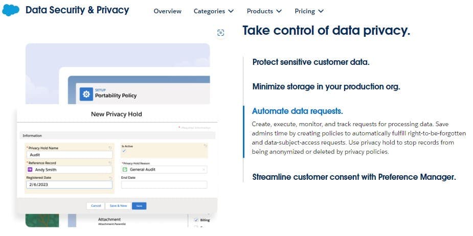 Salesforce Privacy Center Website. Automate data requests details