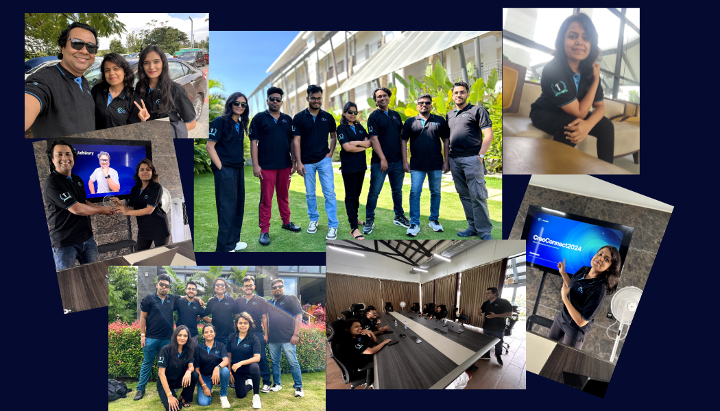 A collage of group photos showing people wearing matching black shirts with a logo, gathered indoors and outdoors. One image shows a presentation with "CreoConnect2024" on the screen.