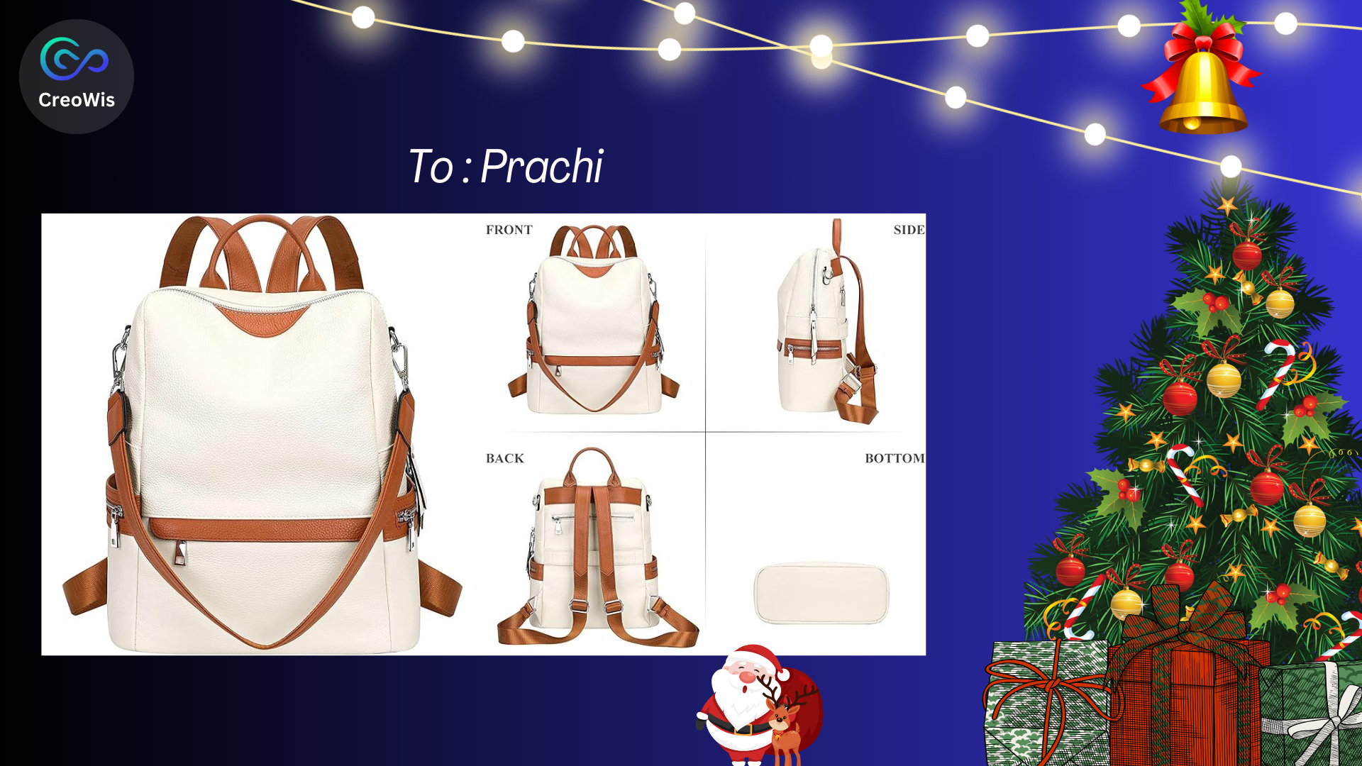 A holiday-themed image featuring a white and brown leather backpack shown from different angles. It includes the label "To: Prachi." The background has Christmas decorations, including a tree with ornaments, gifts, and festive lights.