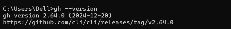 Command prompt showing the GitHub CLI version as 2.64.0 with a release date of 2024-12-20 and a URL link to its release page.