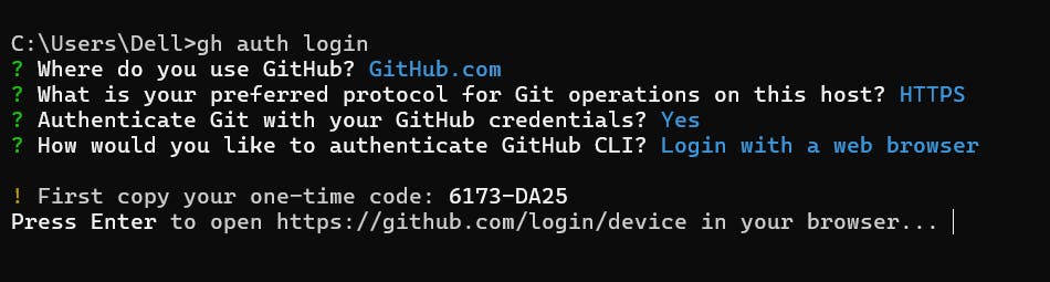 A terminal window displaying a GitHub authentication process. The user is prompted to select their GitHub usage, protocol preference, and authentication method. A one-time code is provided, with instructions to open a login URL in a browser.