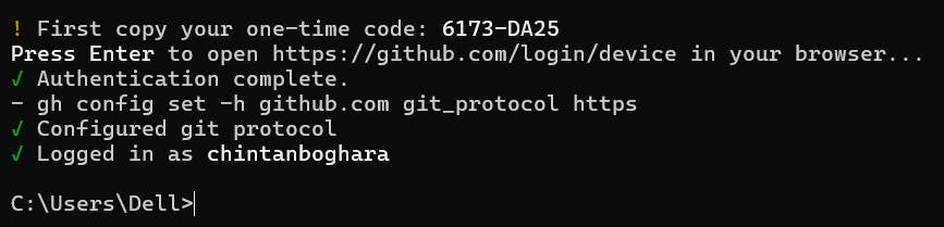 Terminal screenshot showing GitHub authentication steps. It includes a one-time code, authentication confirmation, and successful login message.