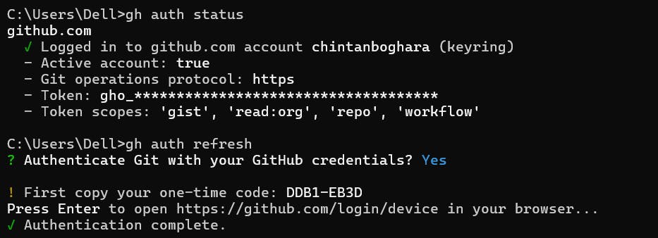 Command prompt showing GitHub authentication status and refresh process, with details about the account, token scopes, and a one-time code for logging in.