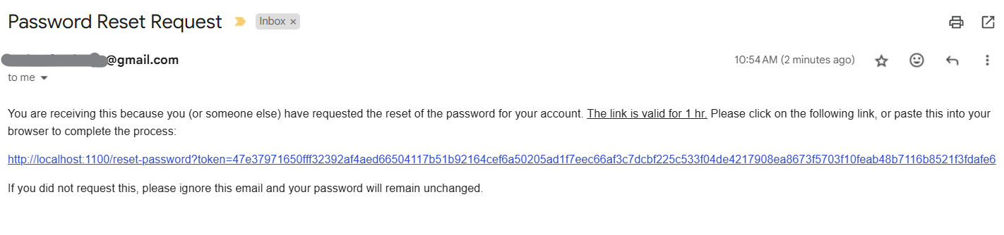 Mail received with password reset token