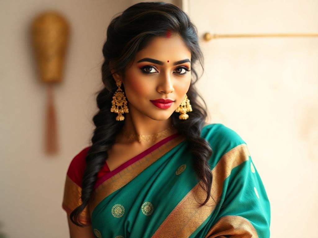 A woman wearing a teal and gold sari with intricate patterns, adorned with gold earrings and a bindi, gazes confidently. Her hair is styled in loose curls.