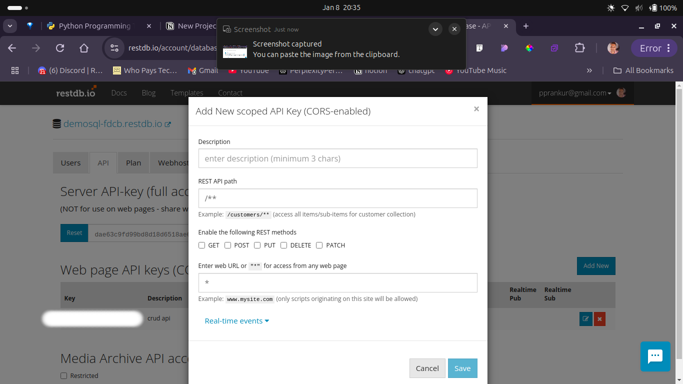 restdb.io api key creation popup