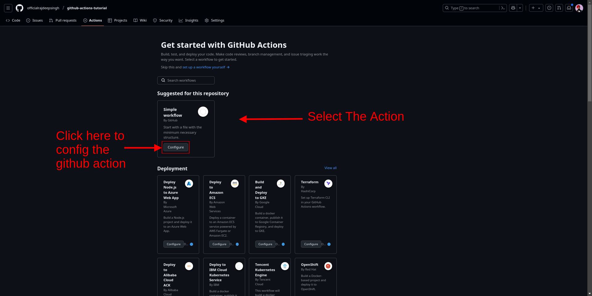 Select the github workflow in github