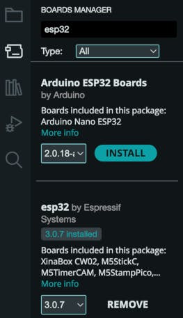 Screenshot of the Arduino IDE showing the "Boards Manager" view, where "esp32 by Espressif Systems" version 3.0.7 has evidently been installed, whilst "Arduino ESP32 Boards by Arduino" has not.