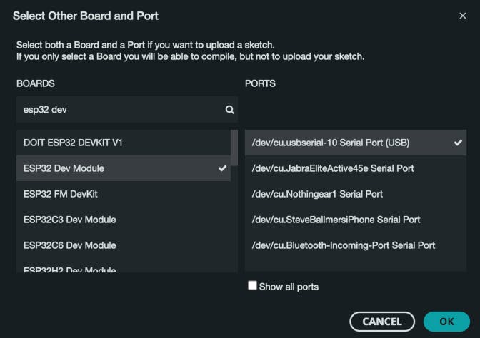 "Select Other Board and Port." dialog, with "ESP32 Dev Module" highlighted under "Boards", and "/dev/cu.usbserial-10 Serial Port (USB)" selected under "Ports".