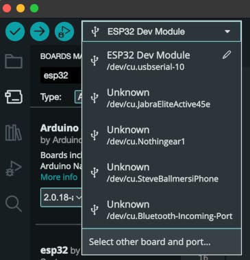 The Arduino IDE interface with a dropdown menu listing various connected devices, and "Select other board and port..." at the foot.