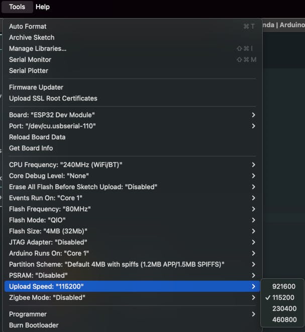 Upload Speed being set to "115200" under the Tools menu.