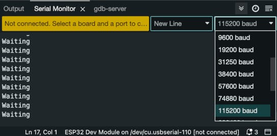 Baud being set to 115200 baud on the Serial Monitor.