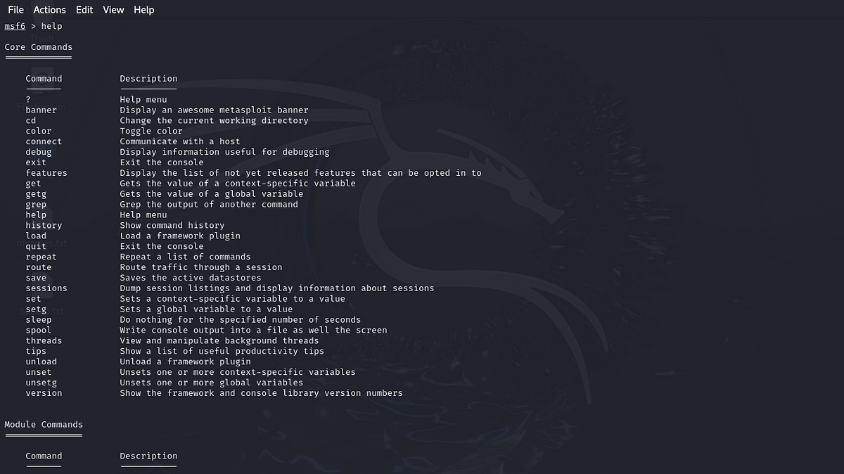 metasploit help command