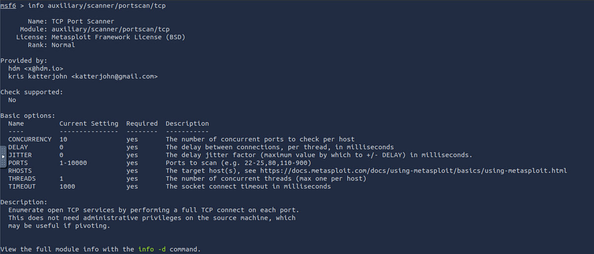 Metasploit info command output