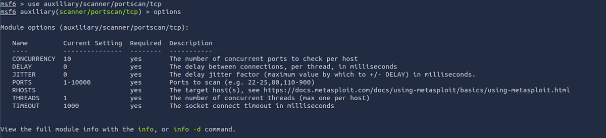 Metasploit options command