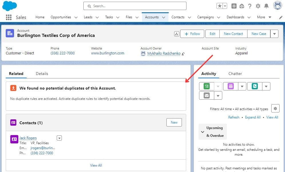 Potential Duplicates Component on Account Page Layout in Salesforce Org