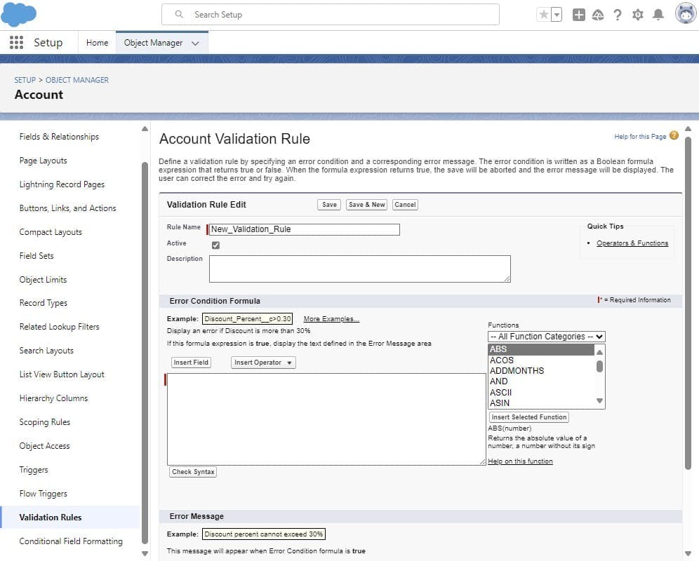 Screen for Creating a New Validation Rule for Account Object in Setup