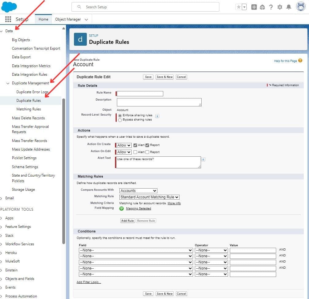 New Duplicate Rule Creating Screen in Setup