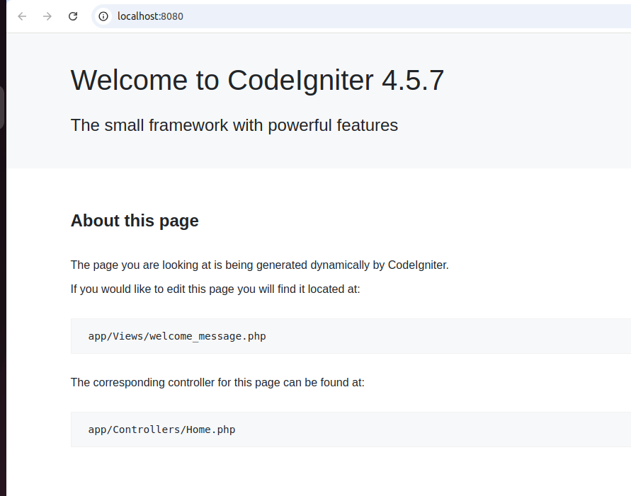 CodeIgnitor welcome page.