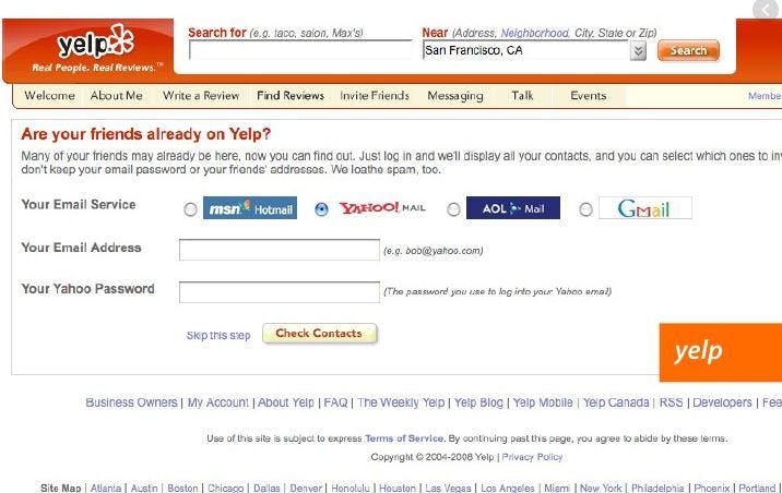 Yelp asking for email credentials to find the contacts. Very Risky !