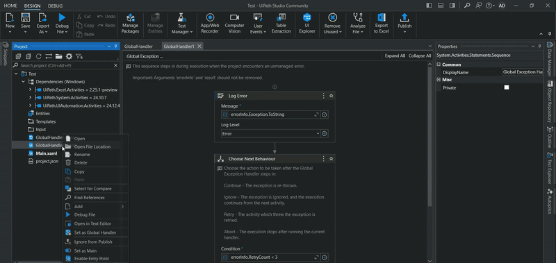 How to use the Global Exception Handler in UiPath