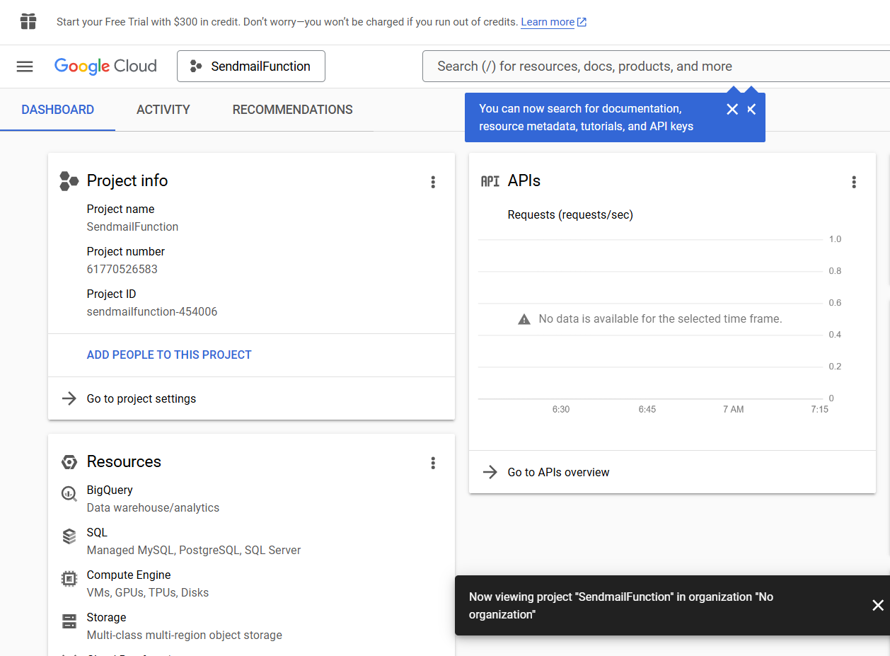 Google Cloud Dashboard after Project has been created