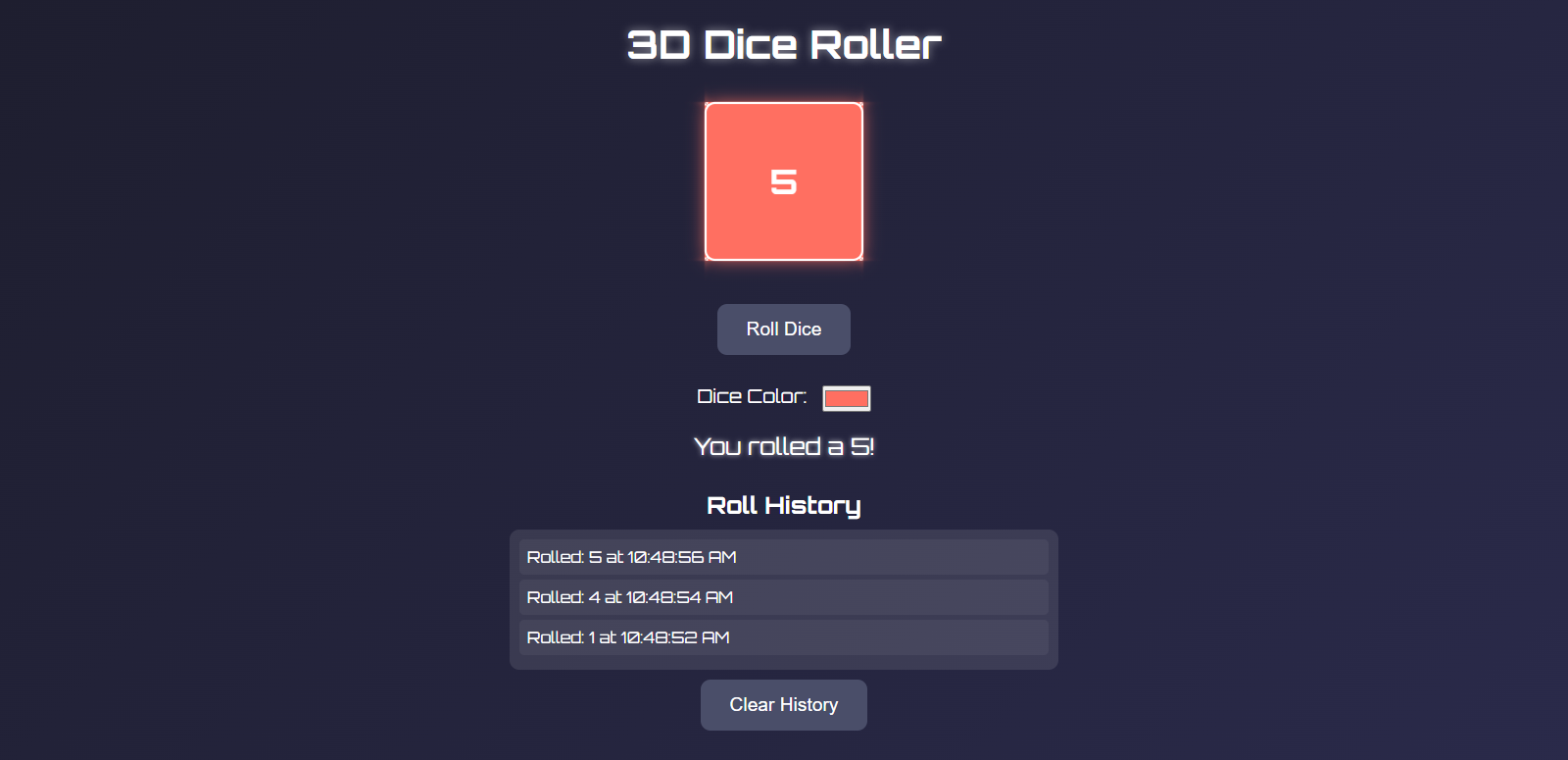 Dynamic 3D Dice Roller with Roll History Tracking