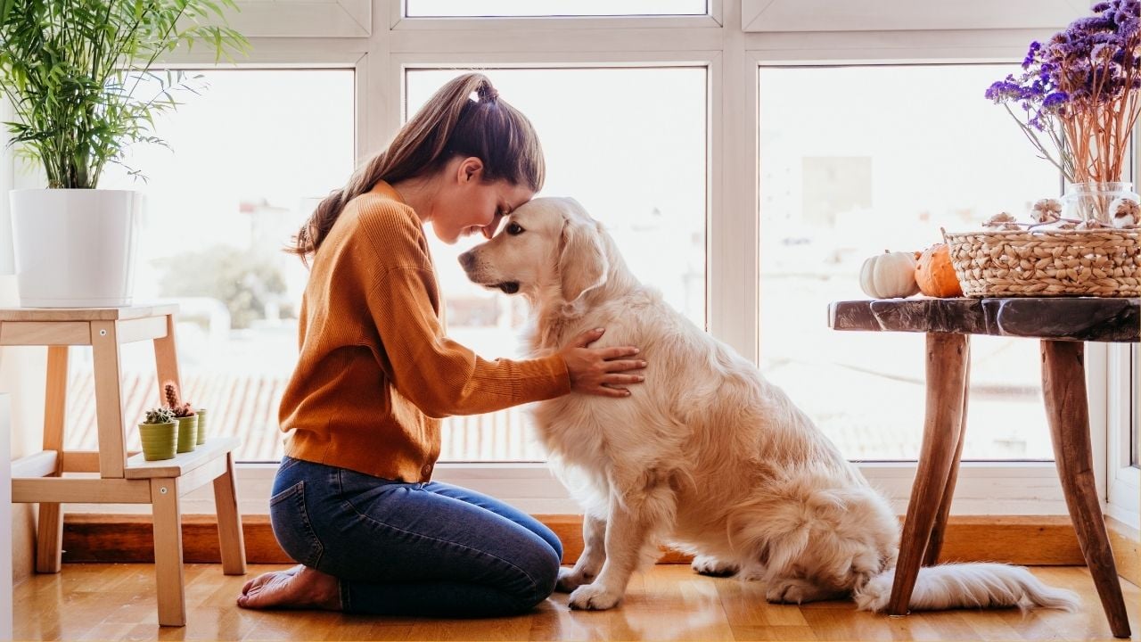 kadın köpeğine sarılıyor