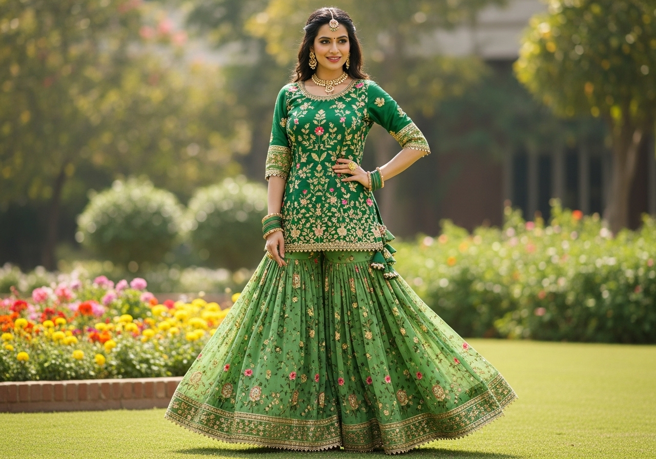 Green Floral Gharara A Perfect Blend of Tradition Comfort and Modern Elegance