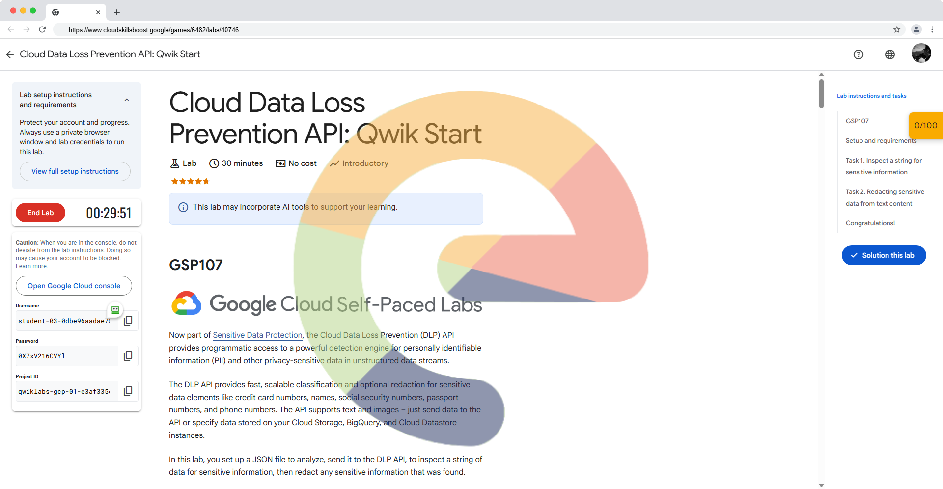 Api 982 Cloud Data Loss Prevention API: Qwik Start - GSP107