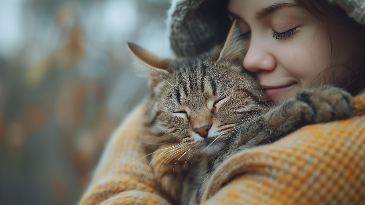 tekir kedi sahibine sarılıyor